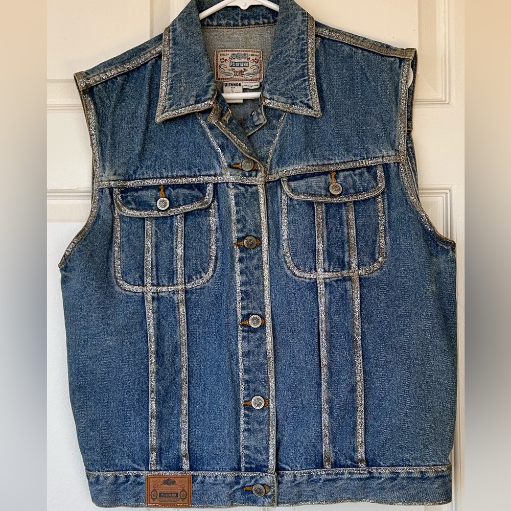 PS Gitano Denim Vest‎ Glitter Trim Southwest Design Large